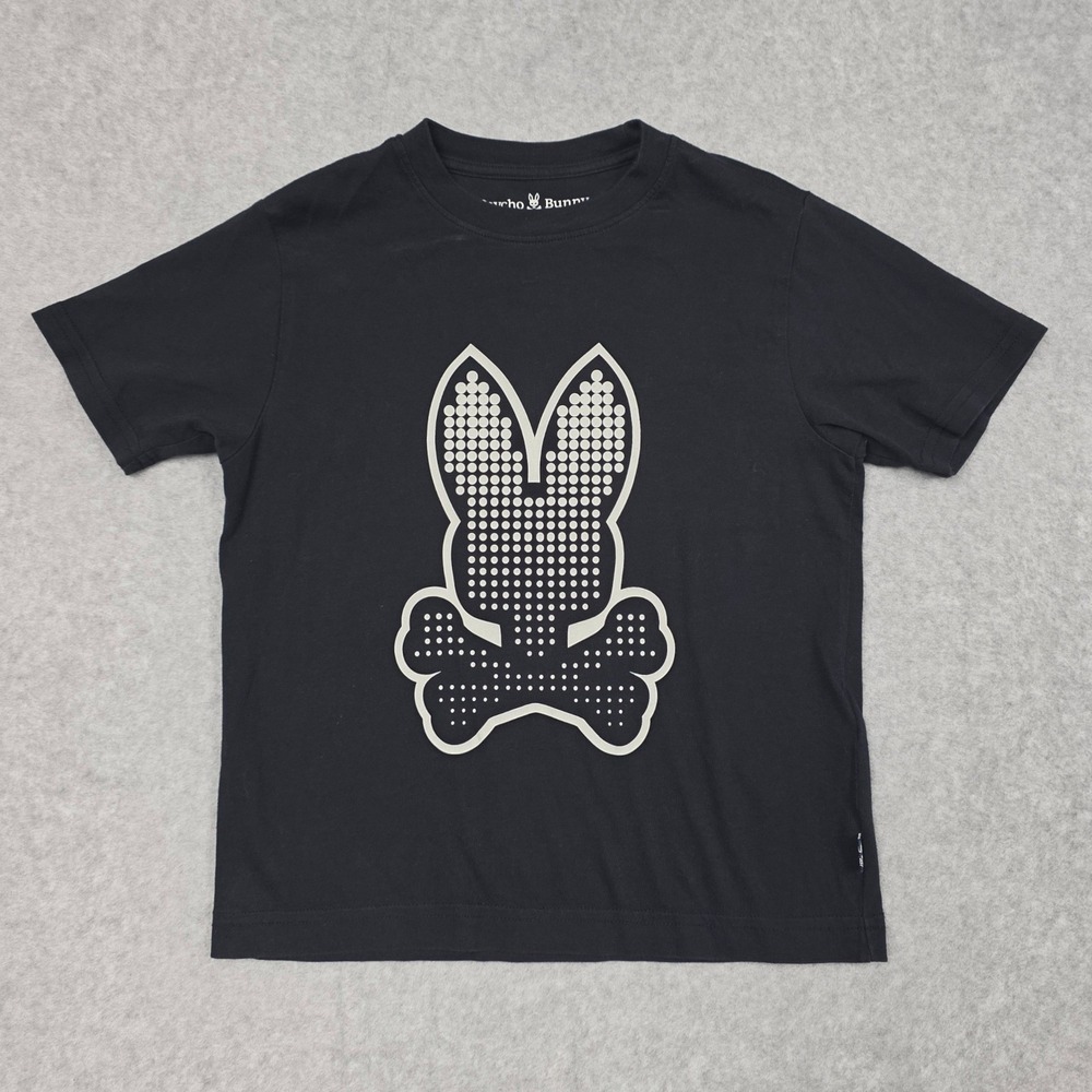 Psycho Bunny Graphic Tee Kids Size 7-8/S Black Short Sleeve Logo Crew Neck Shirt
